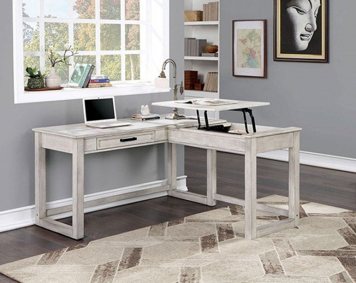 Brand New Antique White LShaped Corner Desk w/Lift Top Always Below